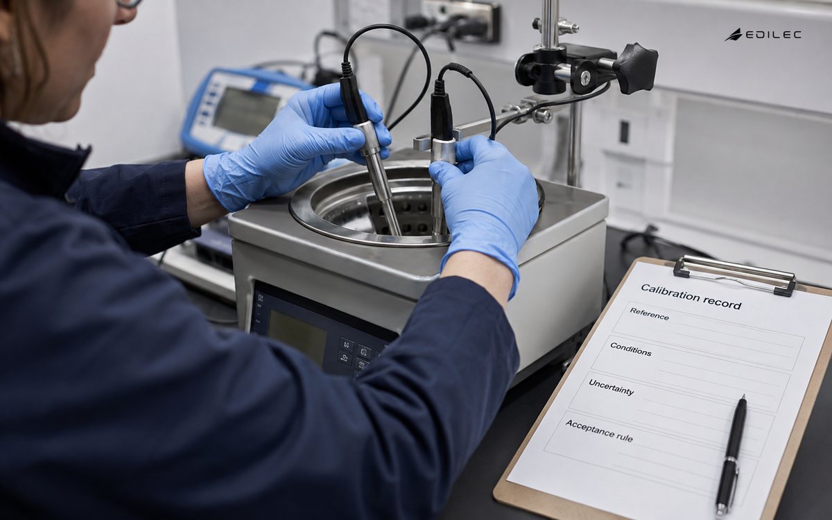 A technician compares a sensor probe with a reference and records calibration conditions.