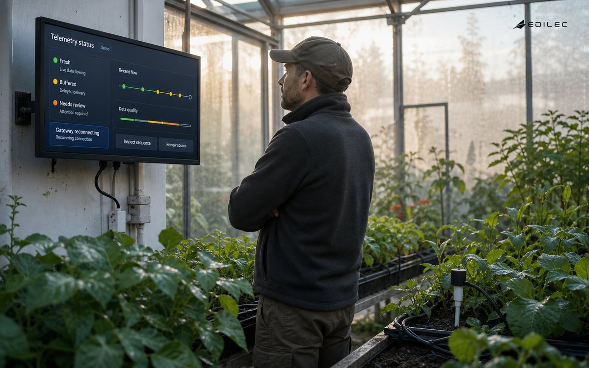 A greenhouse operator reviews telemetry freshness and buffered data beside irrigation plants.