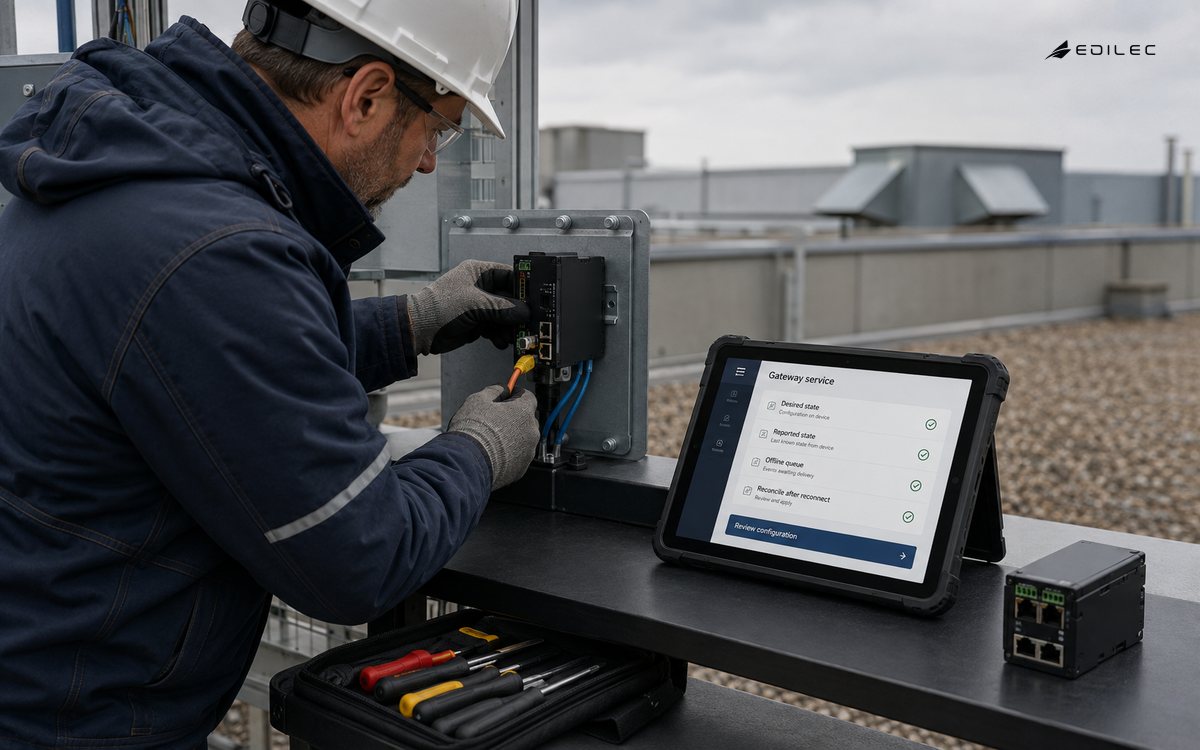A technician services a rooftop edge gateway beside a rugged tablet showing configuration and offline states.