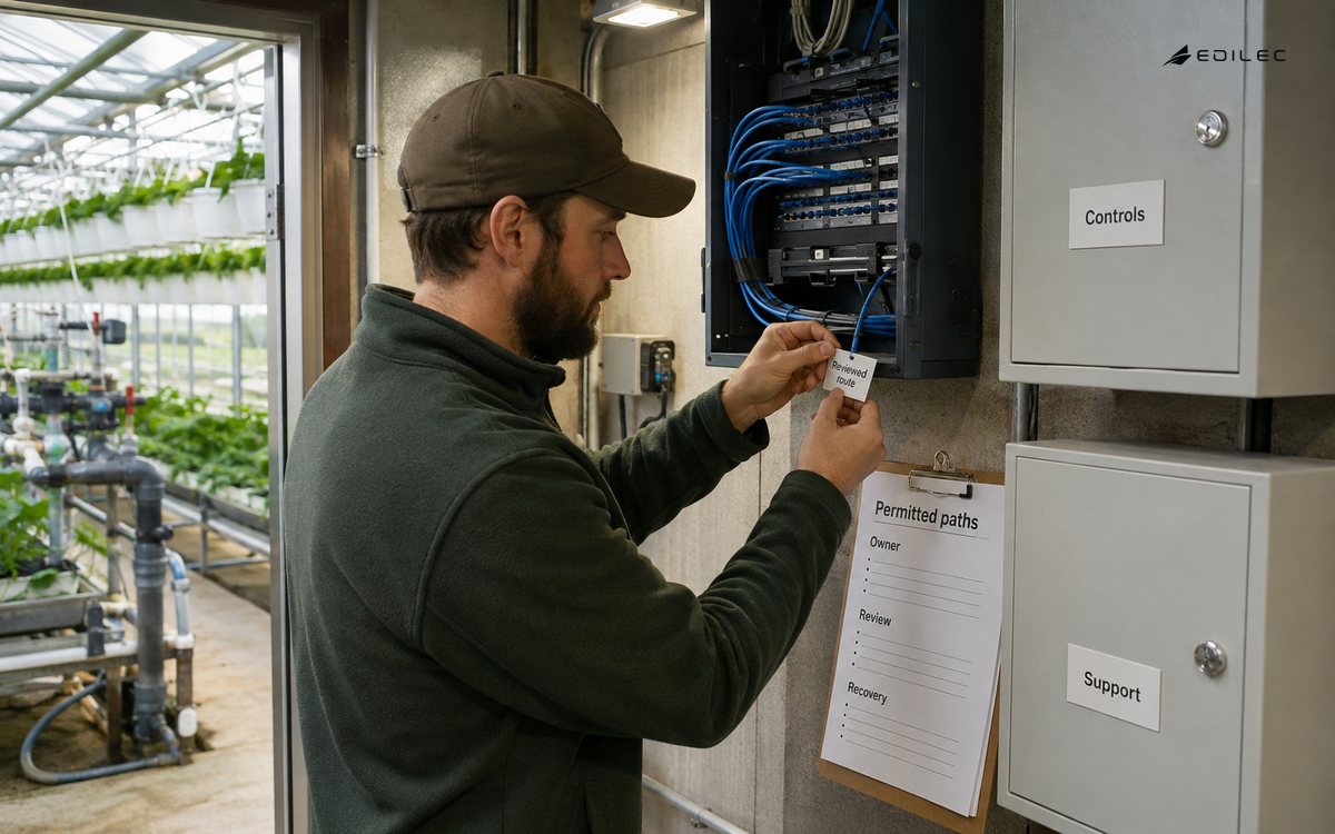 A technician checks a tagged network route beside controls and support enclosures in a greenhouse.