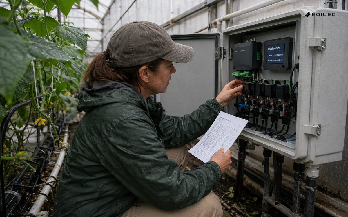 Technician inspecting a greenhouse edge controller operating locally during a lost connection.