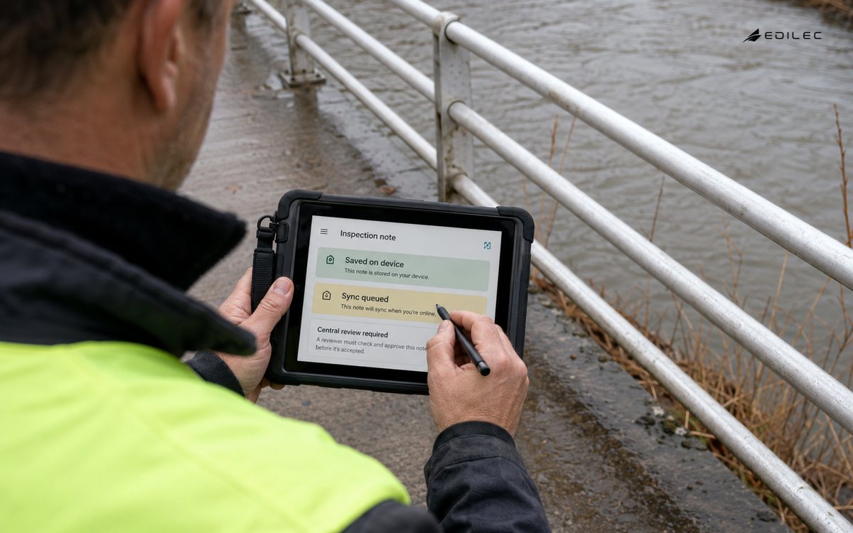 Field inspector recording a bridge observation on a rugged tablet marked saved on device and sync queued.