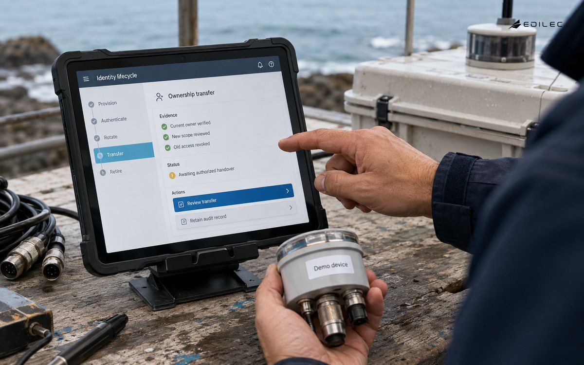 A technician compares a sensor unit with its identity-lifecycle review.