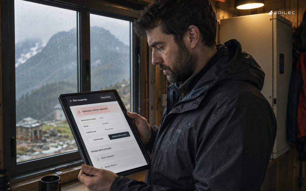 A refuge caretaker reviews gateway contact and response ownership on a rugged tablet.