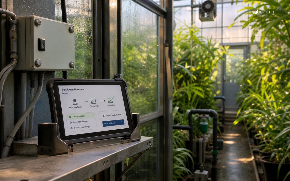 A greenhouse service tablet shows permitted communication paths beside a closed network enclosure.
