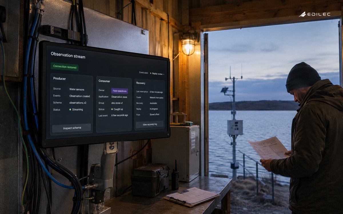 An operator reviews event-stream recovery in a reservoir monitoring hut.