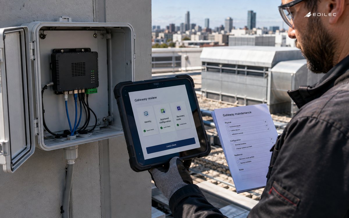 A technician reviews gateway identity and recovery information during rooftop maintenance.