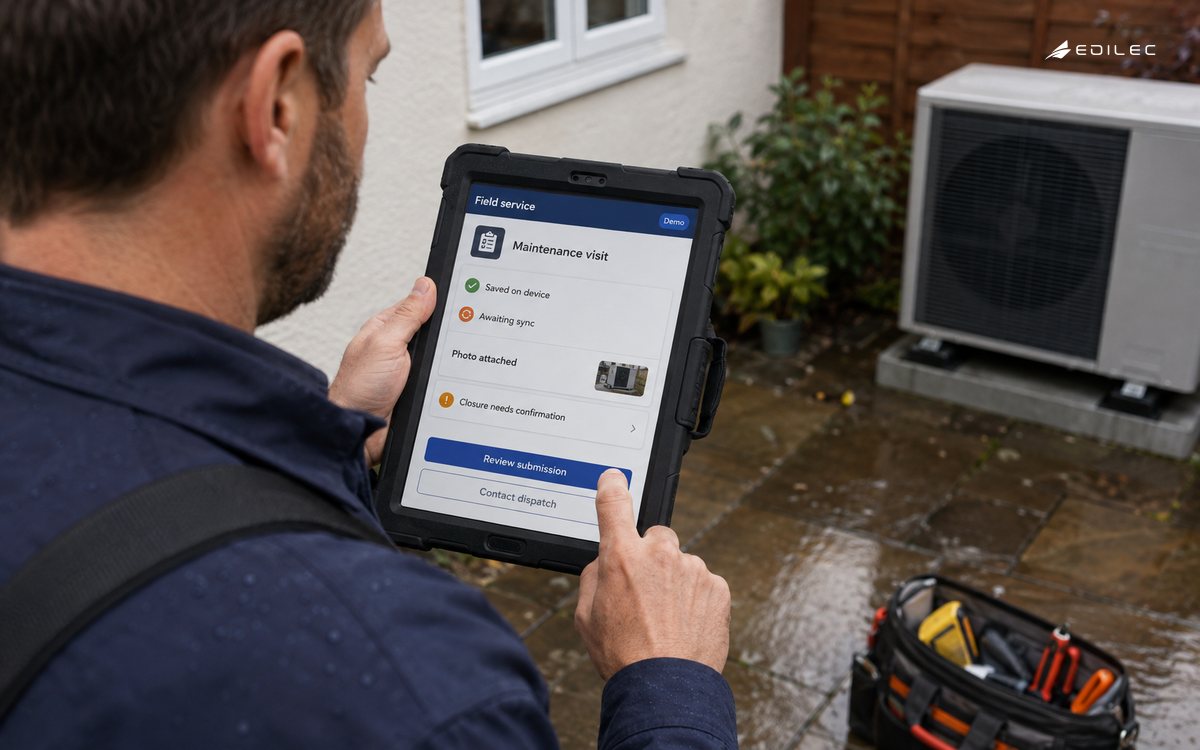 Technician reviews a saved offline submission on a rugged tablet beside a closed heat-pump cabinet.