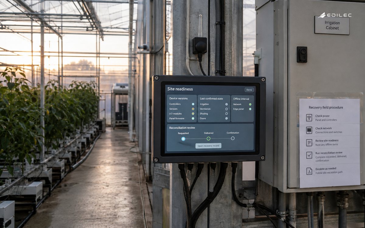 Greenhouse aisle with mounted sensors and an operator panel showing site readiness and reconciliation review.