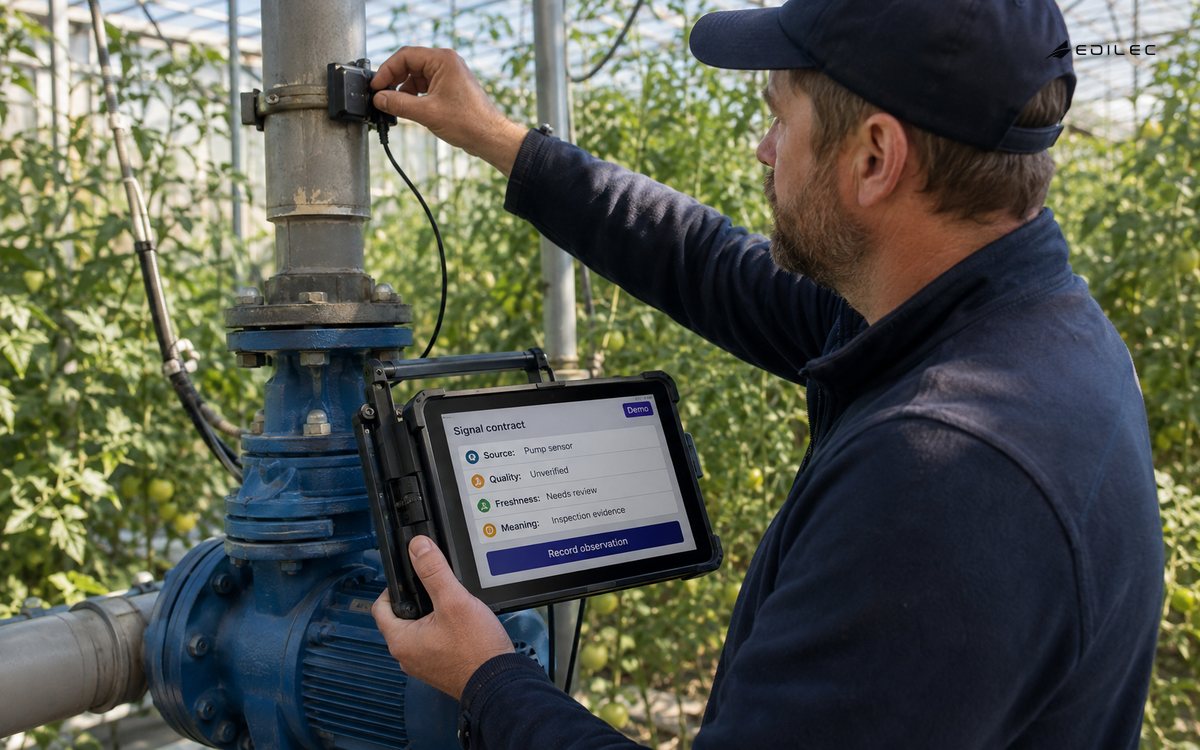 A technician checks a pump sensor while a rugged tablet shows the signal's source and quality state.