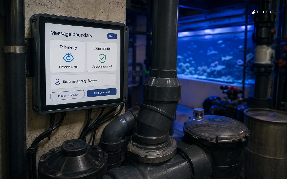 A pump service alcove contains a mounted broker panel that separates telemetry from commands.