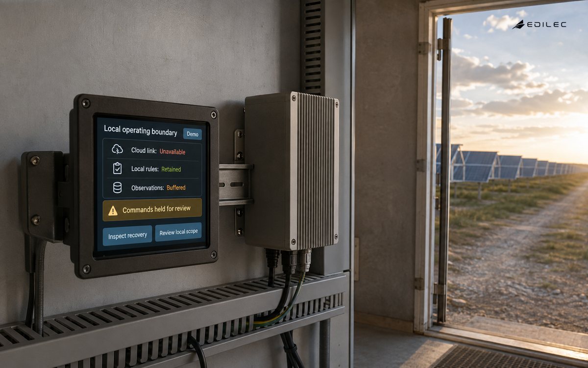 A mounted edge gateway and service panel in a solar-field hut show bounded local operation during a lost cloud link.