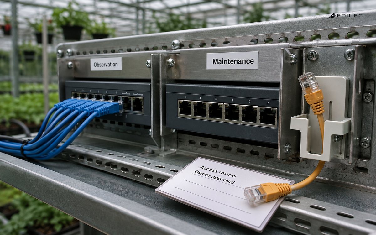 Separate network patch sections with observation cables and a stored maintenance lead beside an access-review card.