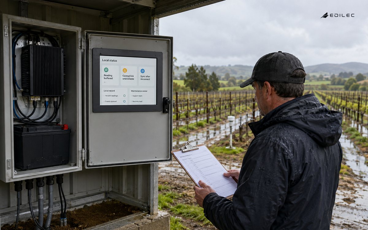Field operator checking a weatherproof edge cabinet beside vineyard rows while its display shows locally buffered readings.