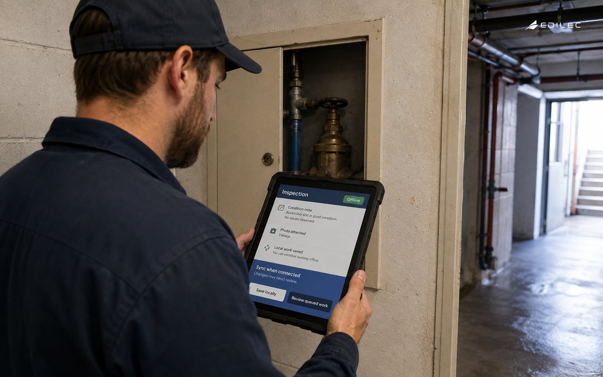 A maintenance worker saves an inspection on a rugged tablet in a basement corridor.