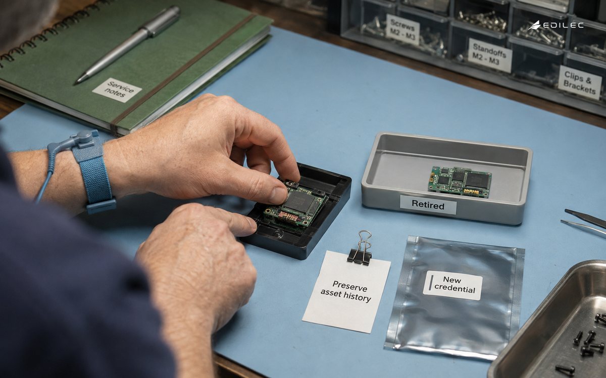 A technician provisions a replacement sensor module while the retired board remains in a separate tray.