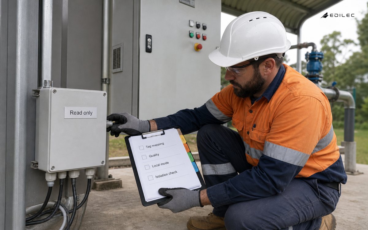 A field technician checks a read-only gateway route against a SCADA commissioning sheet.
