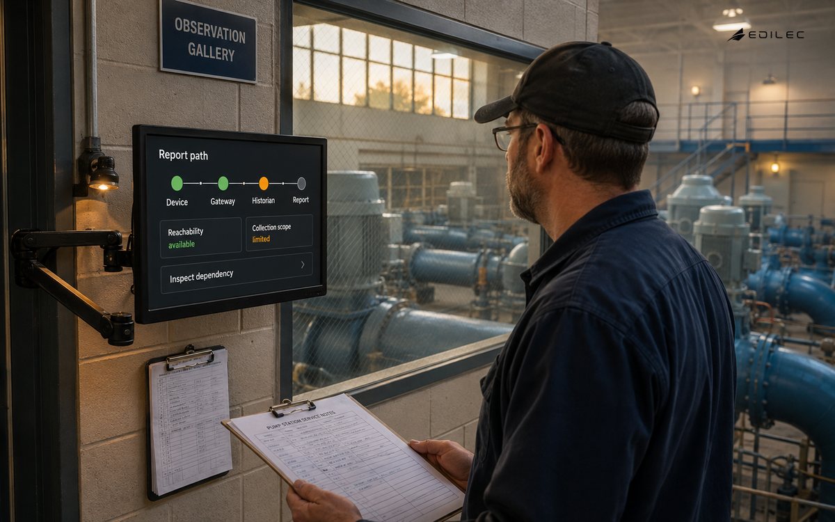 A maintenance engineer reviews a delayed historian path from a pumping station observation gallery.