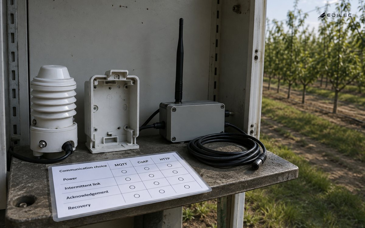 A battery sensor and gateway sit beside a protocol decision card in a field instrument shelter.