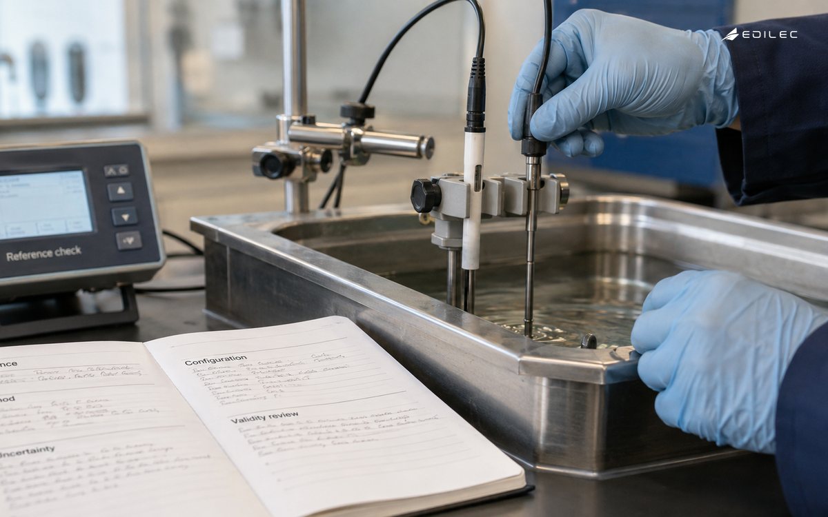 Gloved technician positioning a sensor and reference probe beside a calibration record.