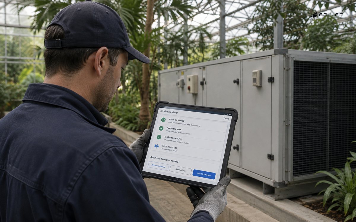 A technician reviews field-service evidence in a conservatory.
