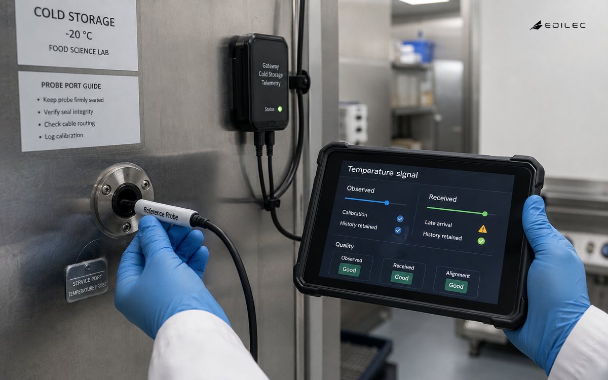 A technician checks a freezer temperature probe while consulting a rugged telemetry tablet.