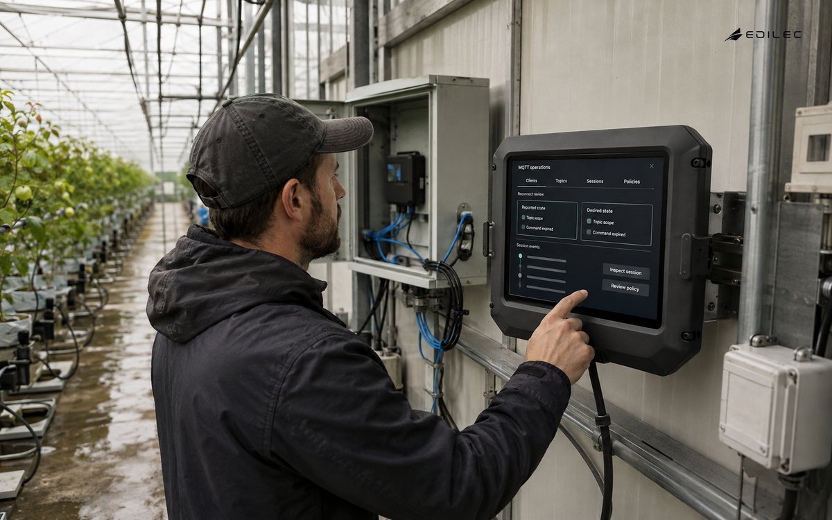 A greenhouse technician reviews broker sessions and reported state beside a mounted irrigation gateway.