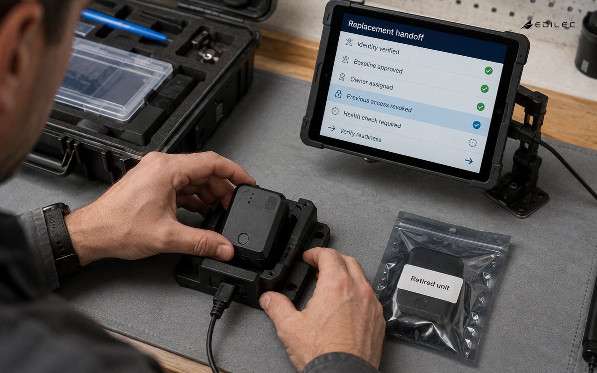 A technician seats a replacement sensor in a provisioning cradle beside a bagged retired unit.