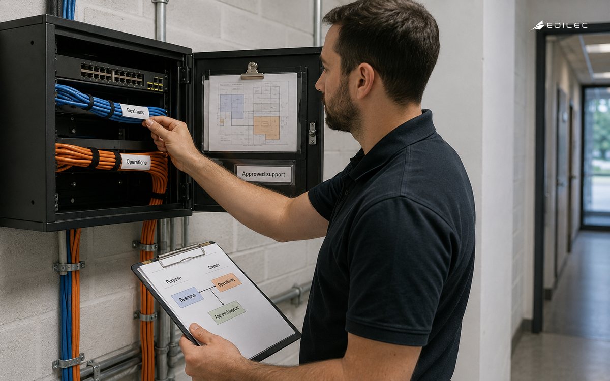 A technician checks labeled network paths beside a clipped zone map.