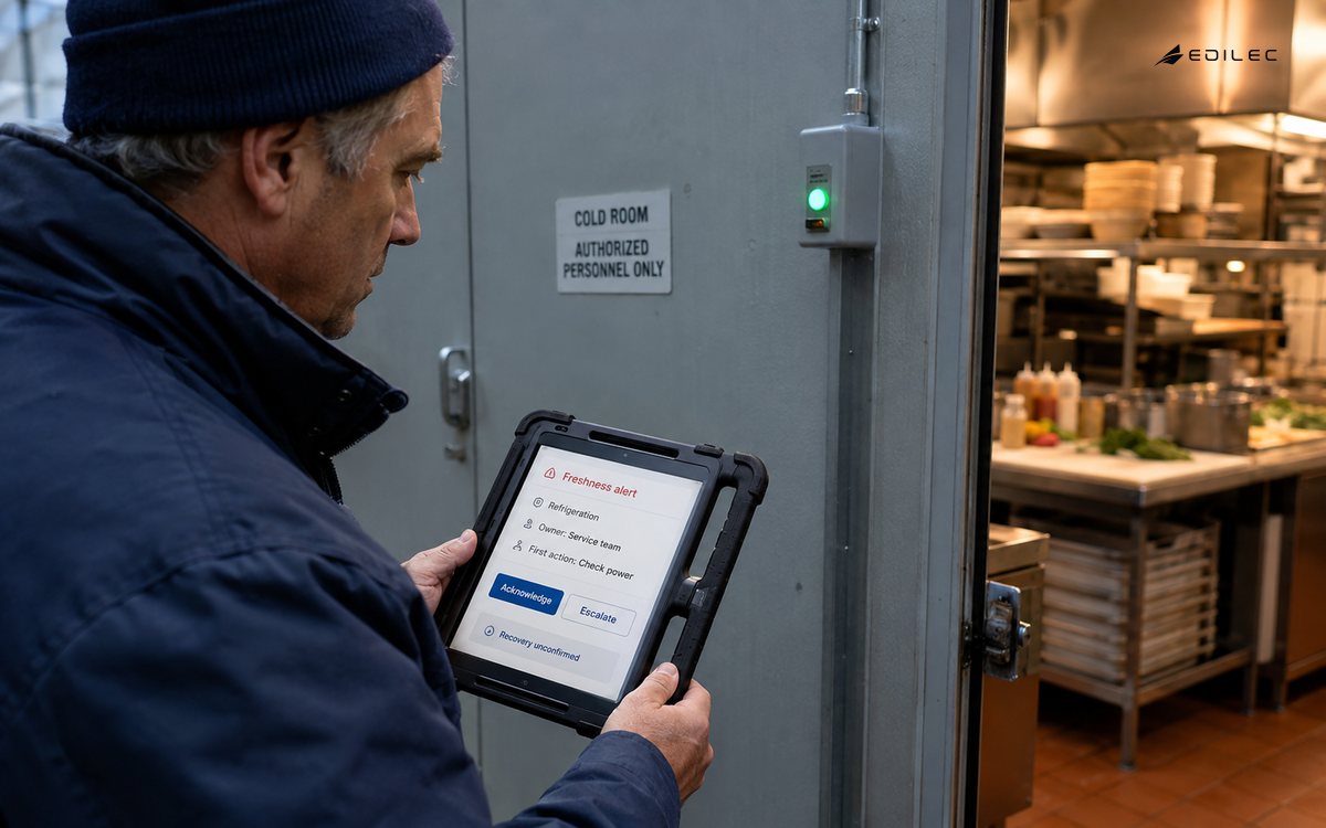 A refrigeration coordinator reads a freshness alert and power-check instruction at a cold-room entrance.