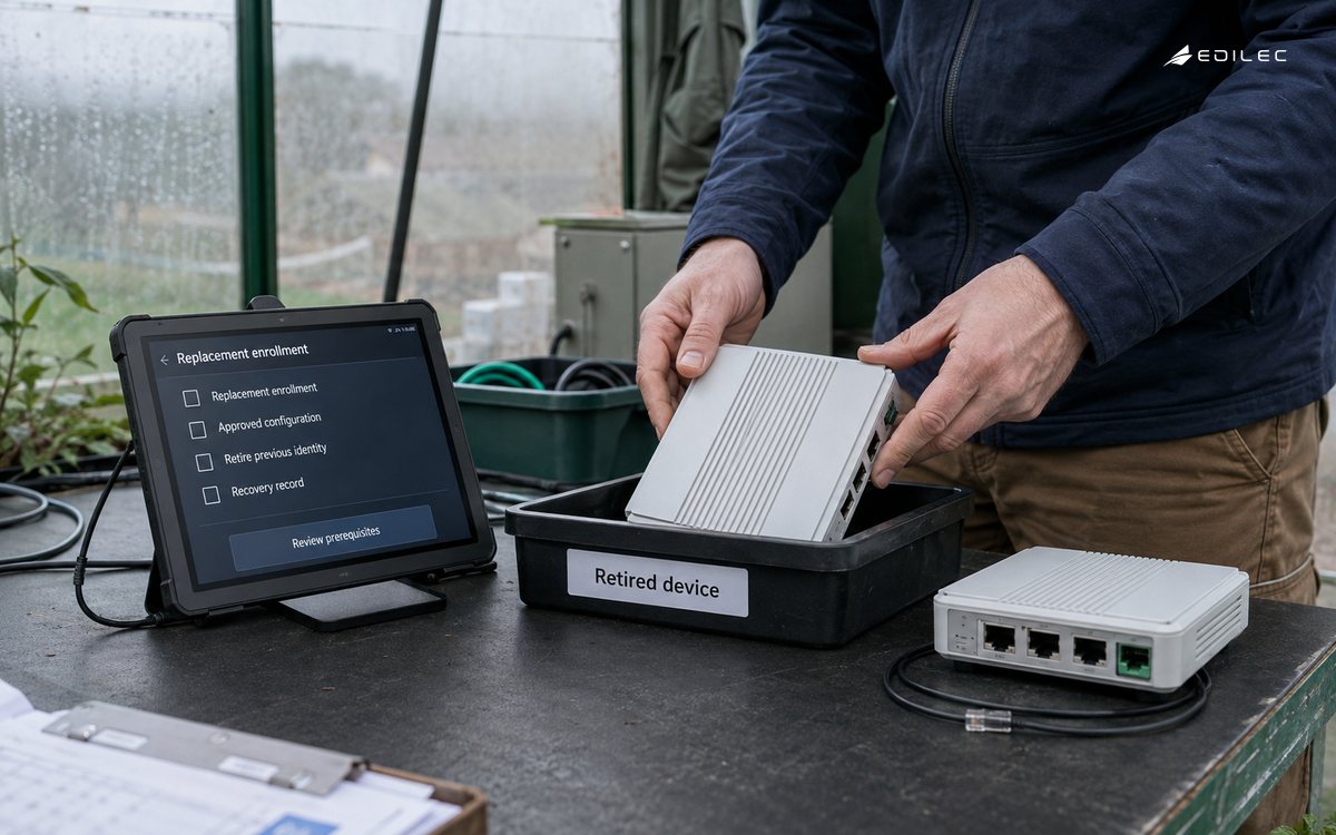 A technician separates a retired gateway from a replacement awaiting enrollment review.