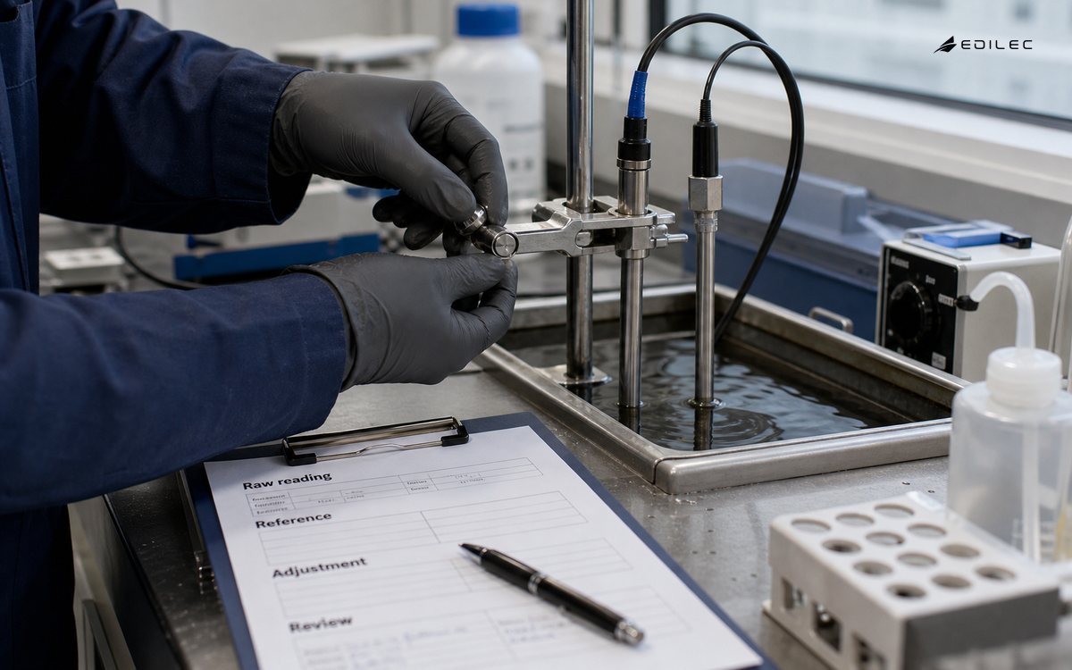 A technician aligns a sensor probe with a reference probe beside a calibration record.