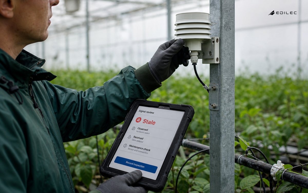 A greenhouse technician checks an installed sensor while a rugged tablet marks its signal as stale.