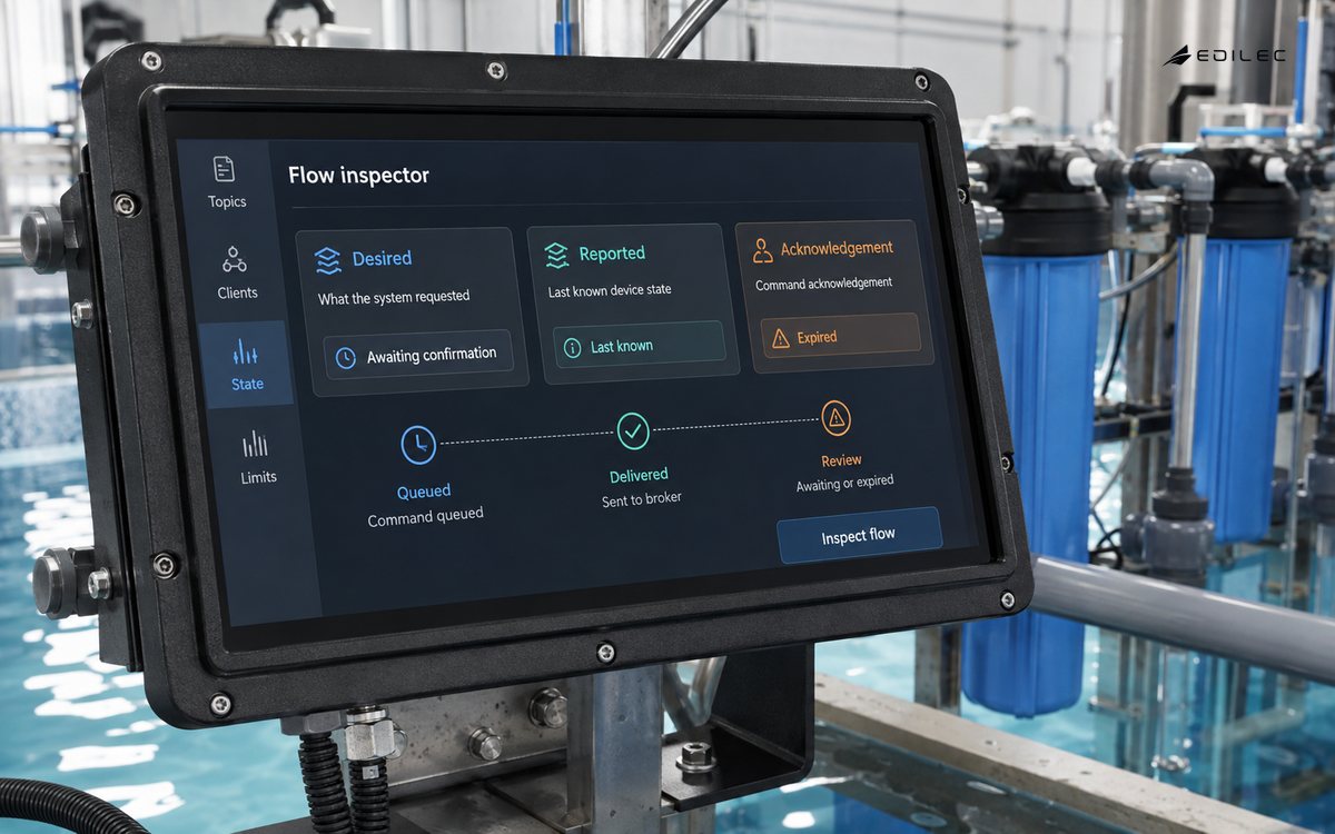 A mounted control touchscreen separates desired, reported and acknowledgement states beside filtration equipment.