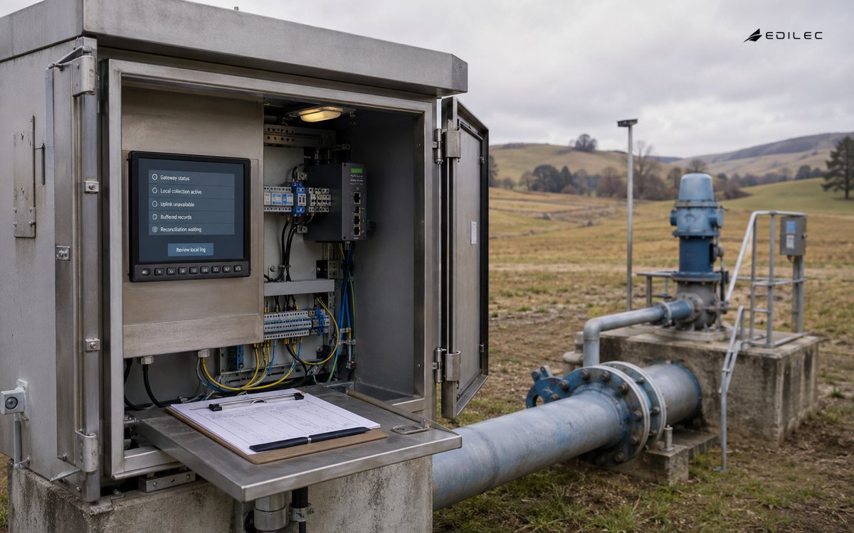 An open weatherproof kiosk at a rural pump station houses an edge gateway and a local-status screen.