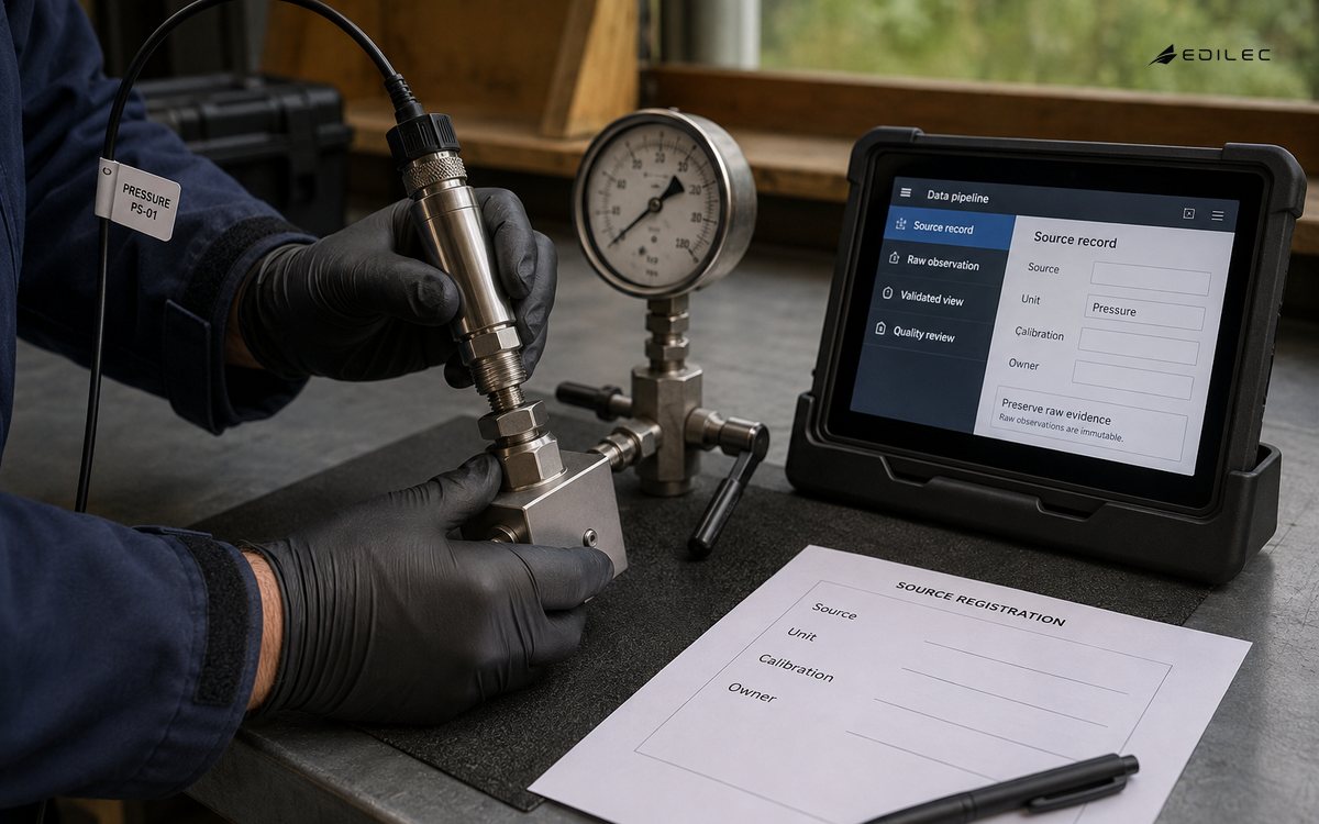 Gloved hands connect a pressure sensor at a calibration bench beside source-registration paperwork.