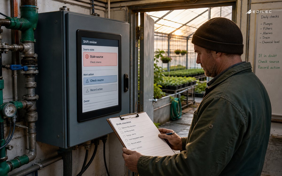 An operator checks a greenhouse pump dashboard's stale-source state against a shift checklist.