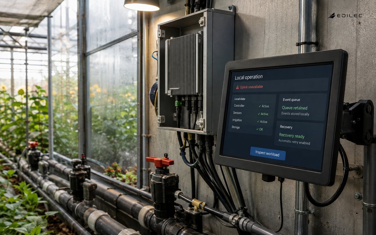 A mounted edge controller and local-operation screen overlook greenhouse irrigation pipes.