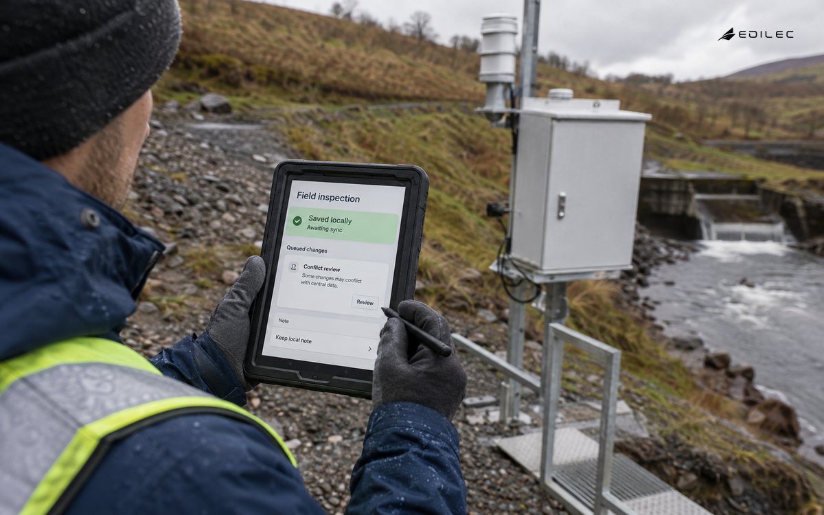 A standing field worker records an inspection on a rugged tablet beside a hillside monitoring station.