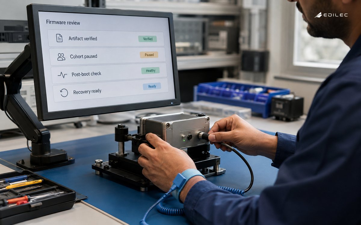 Hands connect a service lead to a sensor controller beside a firmware-review screen on a laboratory bench.