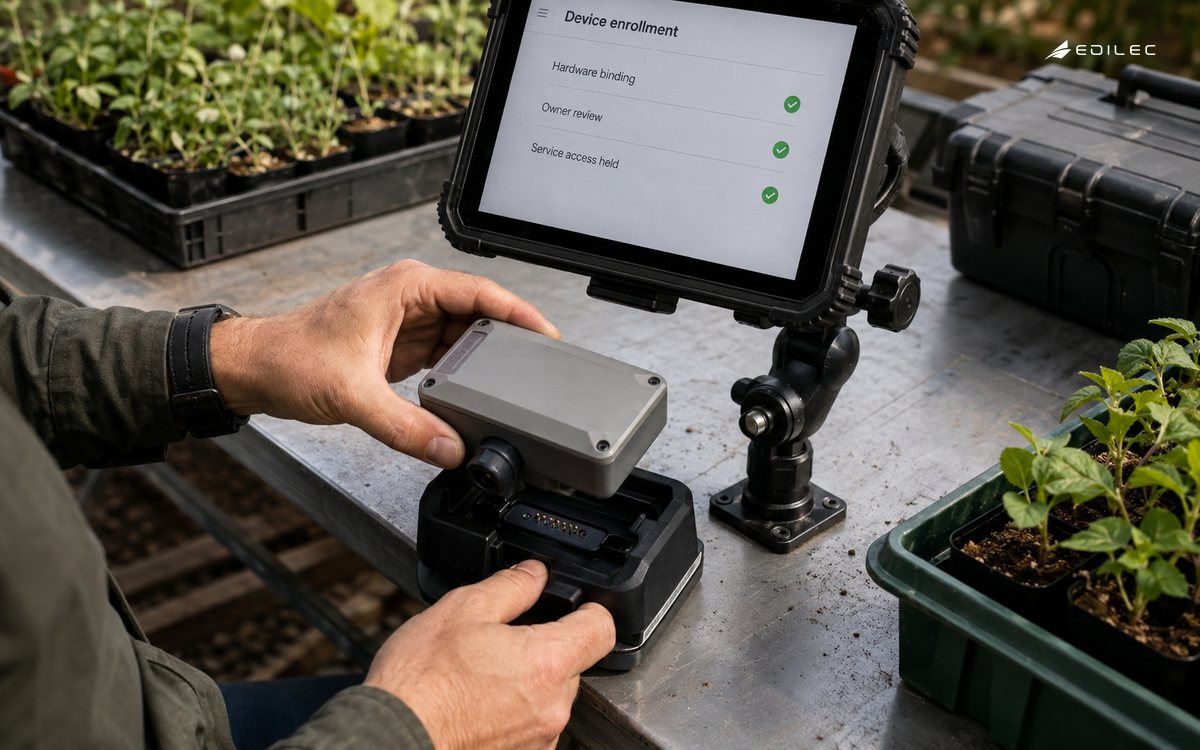 A technician seats a weatherproof sensor in an enrollment dock beside a rugged tablet.