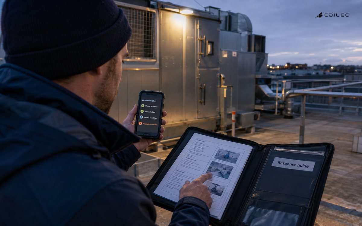 A maintenance technician checks an assigned alert and response guide beside rooftop ventilation equipment.