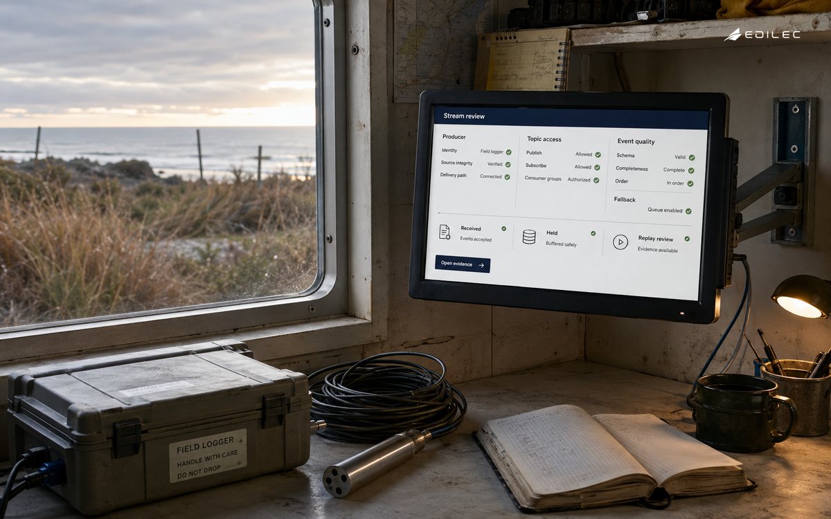 Coastal monitoring cabin with a field logger and a mounted screen grouping event-stream review states.