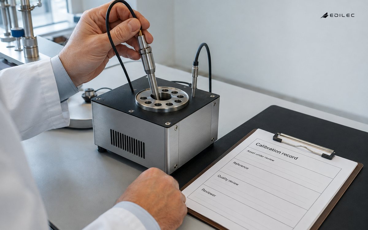 Technician aligning a reference probe with a dry-block calibrator beside a calibration record.