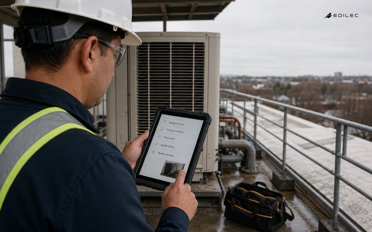 Field technician recording service evidence on a rugged tablet beside a rooftop heat pump.