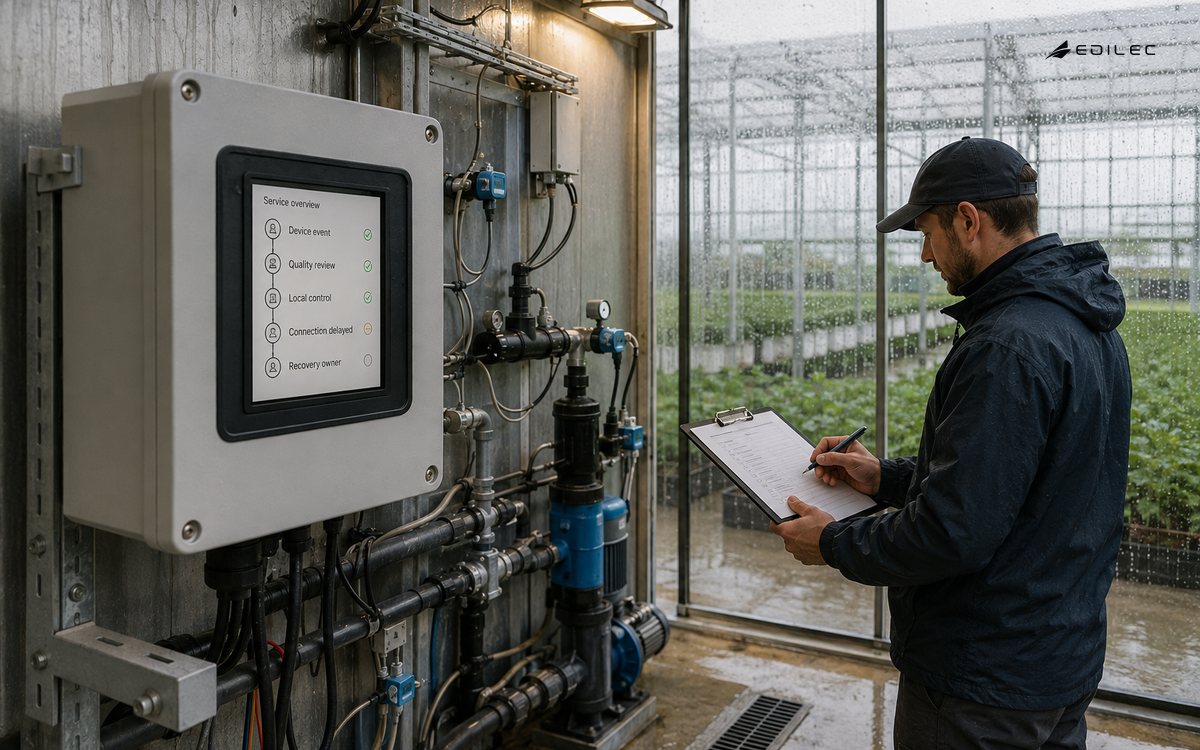 Greenhouse operator reviewing irrigation controls and a service overview beside planted rows.