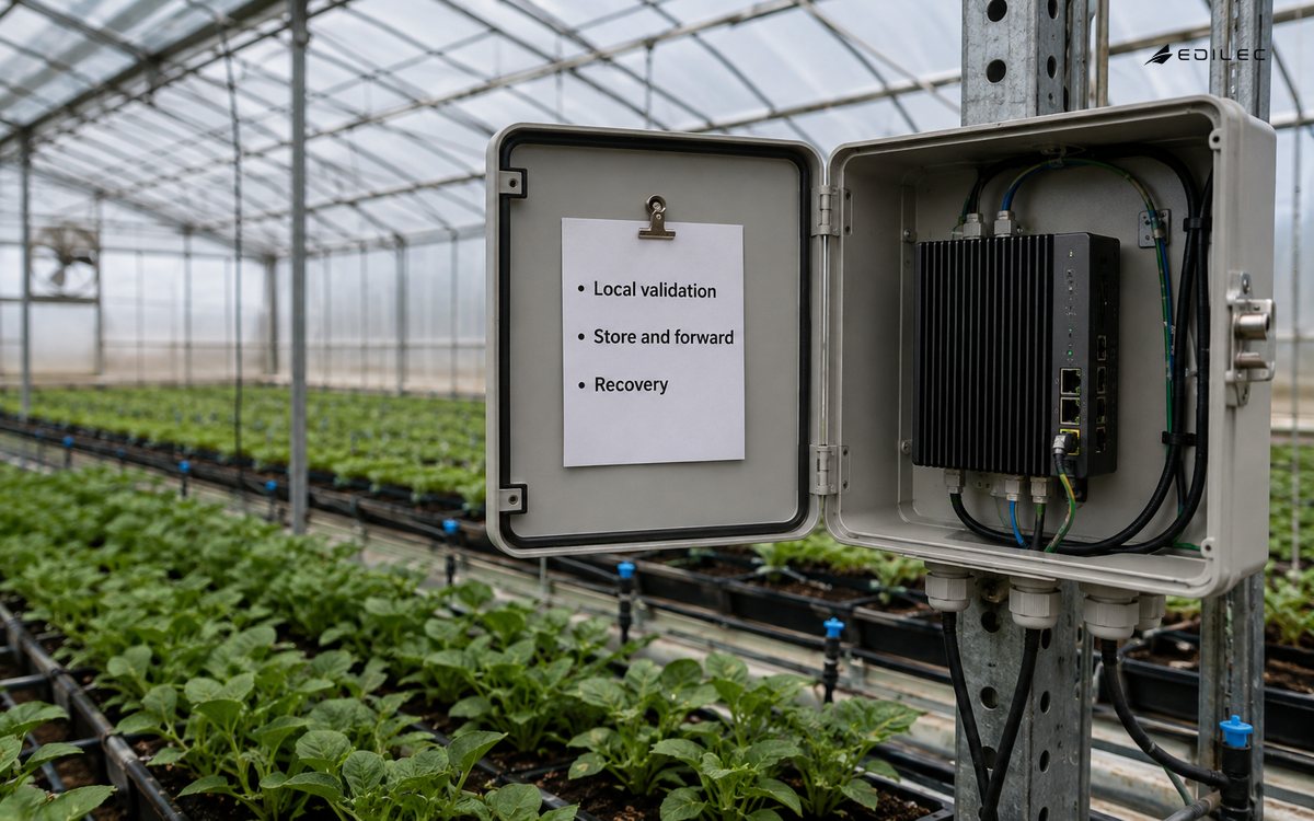 A mounted edge gateway and sensor cables beside greenhouse plants.