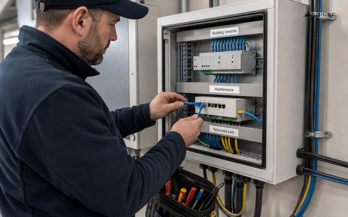 A technician checks a maintenance connection beside separated building-control network cables.