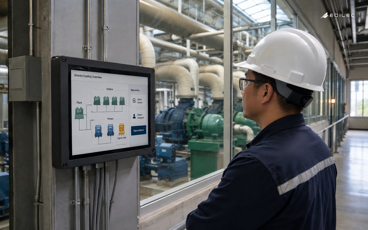 A technician reviews a stale-signal state on a mounted dashboard beside cooling equipment.