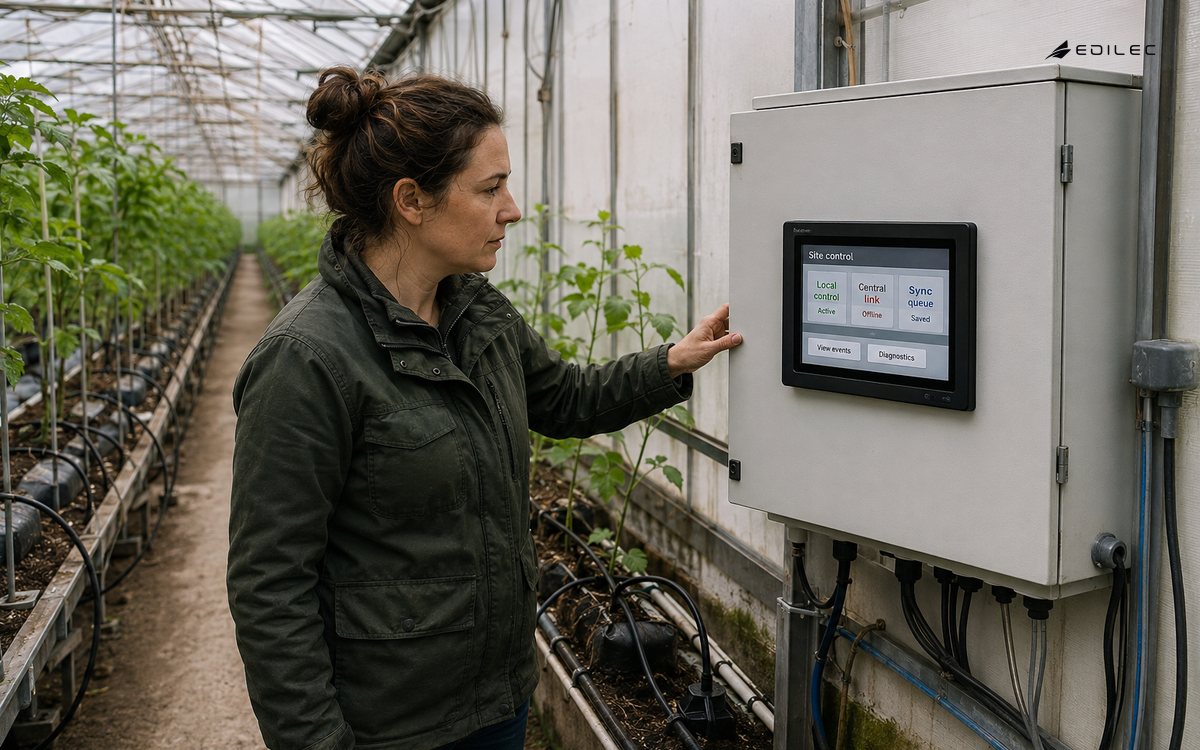 A grower checks a local irrigation controller in a greenhouse while the central connection is offline.